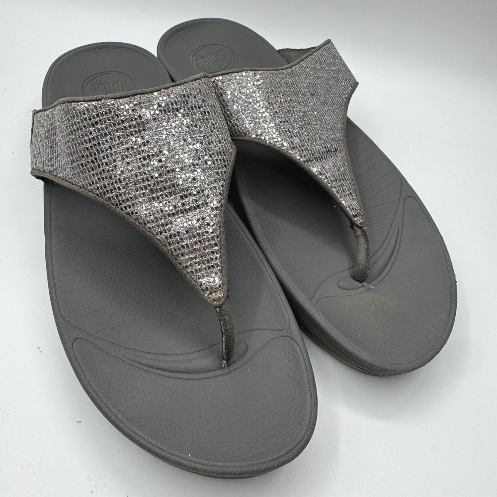 FitFlop Lulu Pewter Shimmer Glitter Wedge Thong Sandals Womens 10